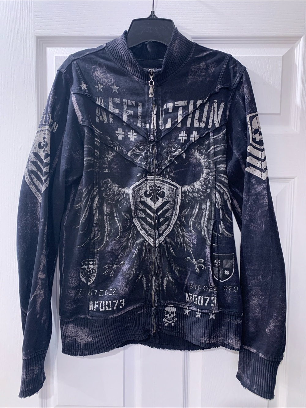 Affliction Black Zip-Up Graphic Sweater with White Crest Wings